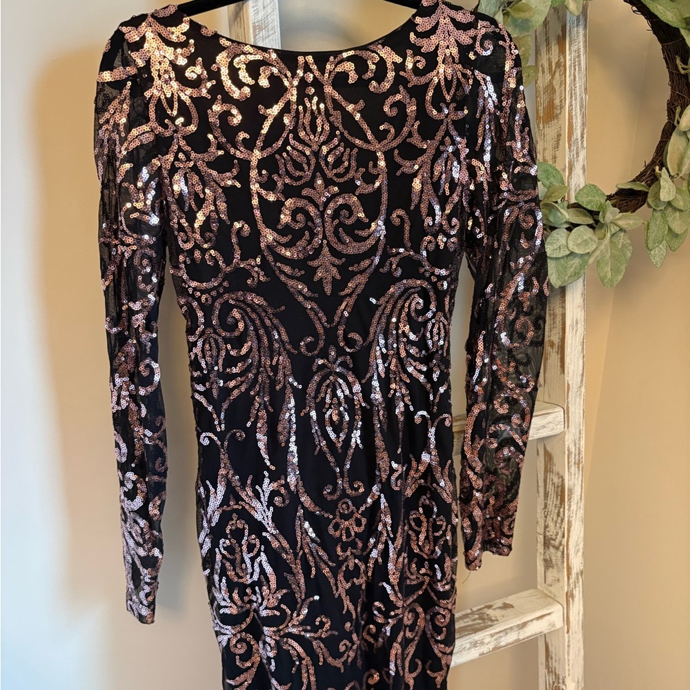 Premier Black Long-Sleeve Dress with Rose Gold Sequin Scrollwork